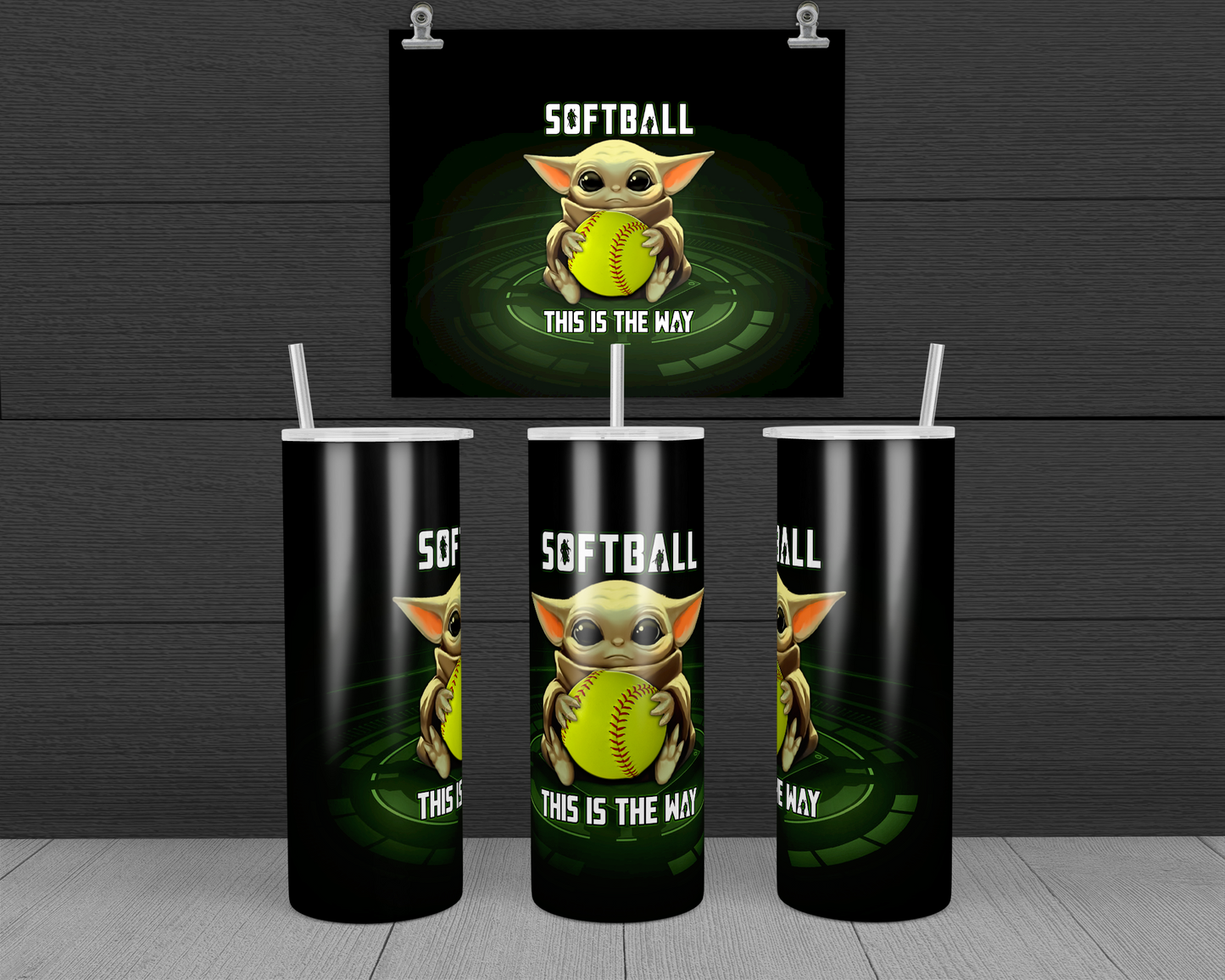 Softball "This is the Way" 20oz & 30oz Skinny Tumbler Wrap | Baby Yoda PNG Sublimation Tumbler Template