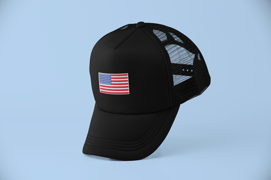 Embroidered Iron-On America Flag Hat | Trucker Custom Hat | American Flag Adult & Youth Trucker Cap | American Flag | Solid Color - WatchaMaknJamaican