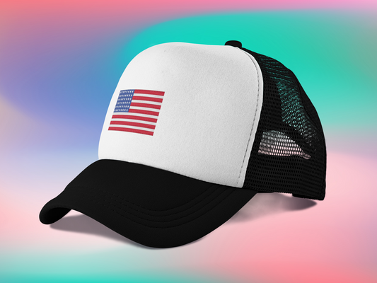 Embroidered Iron-On America Flag Hat | Trucker Custom Hat | American Flag Adult & Youth Trucker Cap | American Flag Black Hat - WatchaMaknJamaican